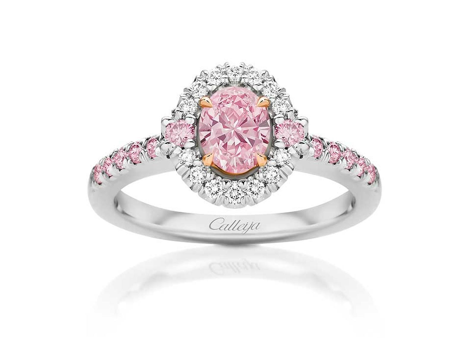 Calleija Elyssa brilliant-cut Argyle pink diamond ring surrounded by white and pink pavé diamonds.