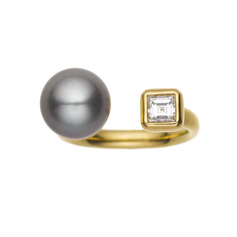 Jemma Wynne Prive gold open ring with a grey Tahitian Pearl opposite a square diamond. Available at Ylang23.com.