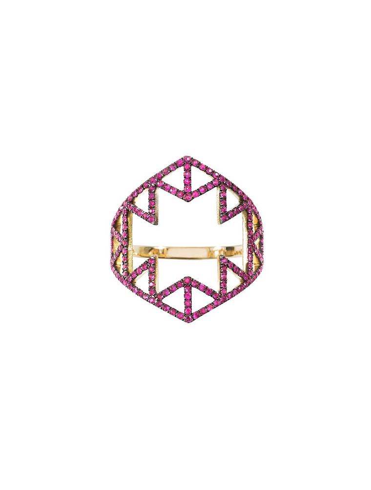 Lito plays with both negative space and geometric shapes in the Izel gold and ruby ring.