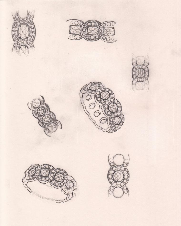 Sketches of the original David Morris Rose-Cut ring, designed as a wedding band by Jeremy Morris, second generation of the London jewellery family, for his wife Erin exactly a decade ago.