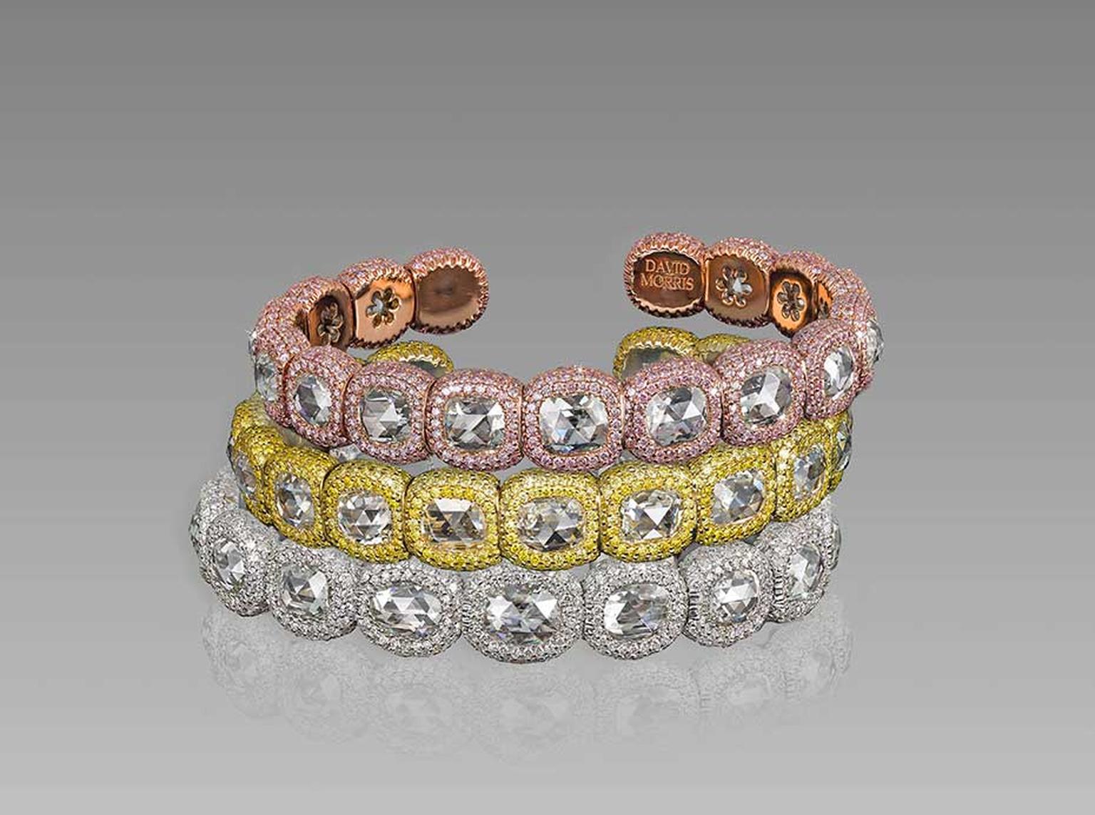 Colourful new bracelets in the David Morris Rose-Cut collection with pavé pink and yellow diamonds surrounding rose-cut diamonds.