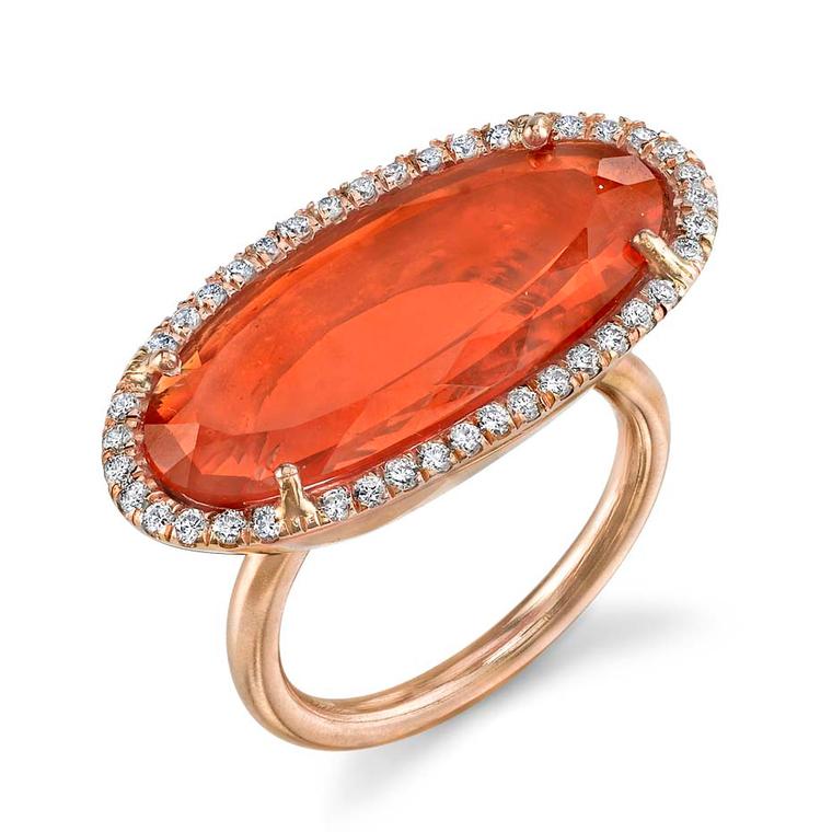 One-of-a-kind Irene Neuwirth ring in rose gold with a Mexican fire opal surrounded by diamond pavé.