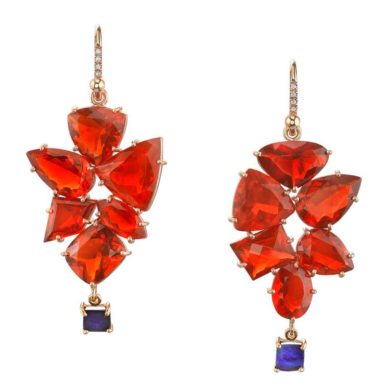 One-of-a-kind Irene Neuwirth earrings in rose gold with Mexican fire opals and Boulder opal drops.