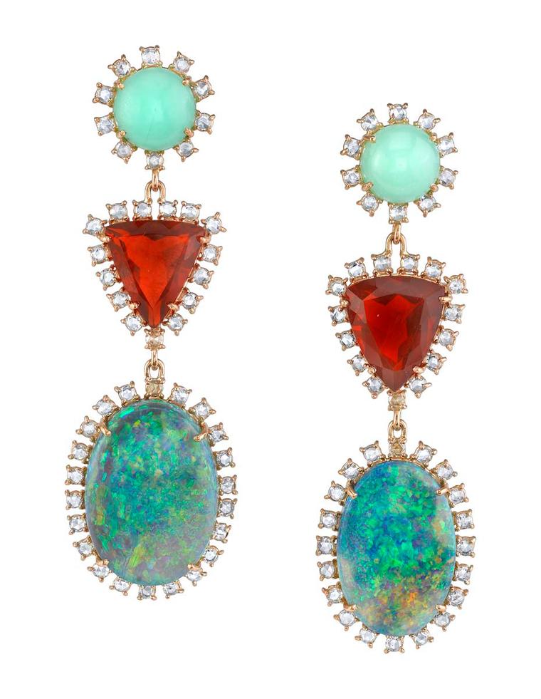 One-of-a-kind Irene Neuwirth earrings in rose gold with mint chrysoprase, Mexican fire opals, Lightning Ridge opals and rose-cut diamonds.