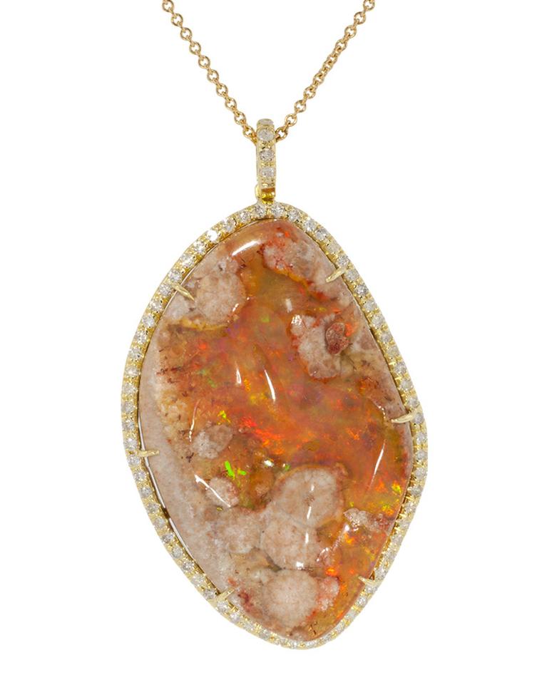 Kimberly McDonald fire opal matrix and diamond pendant in yellow gold.