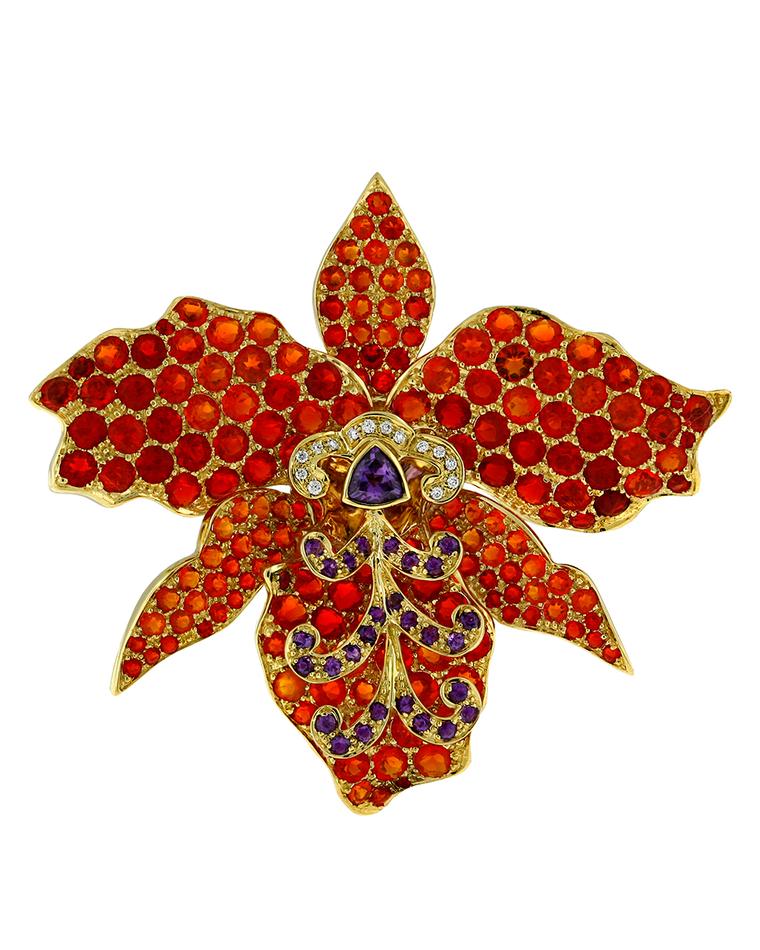 Paula Crevoshay Orchid brooch with fire opals, amethysts and diamonds.