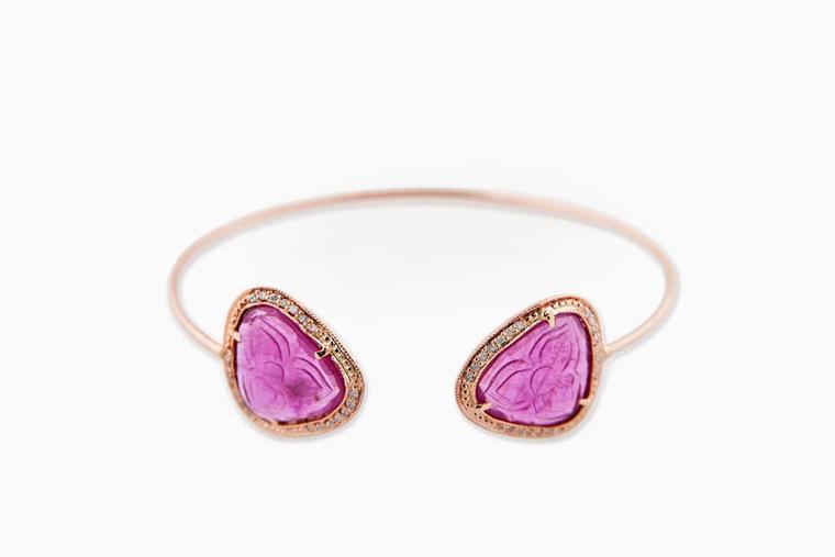 Jacquie Aiche rose gold Double Freeform cuff with pavé diamonds and carved ruby.
