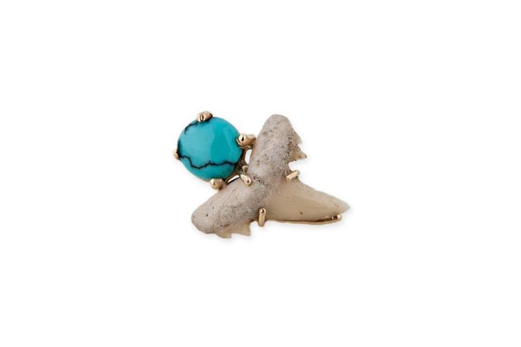Jacquie Aiche natural shark tooth and round turquoise stud, set in yellow gold.