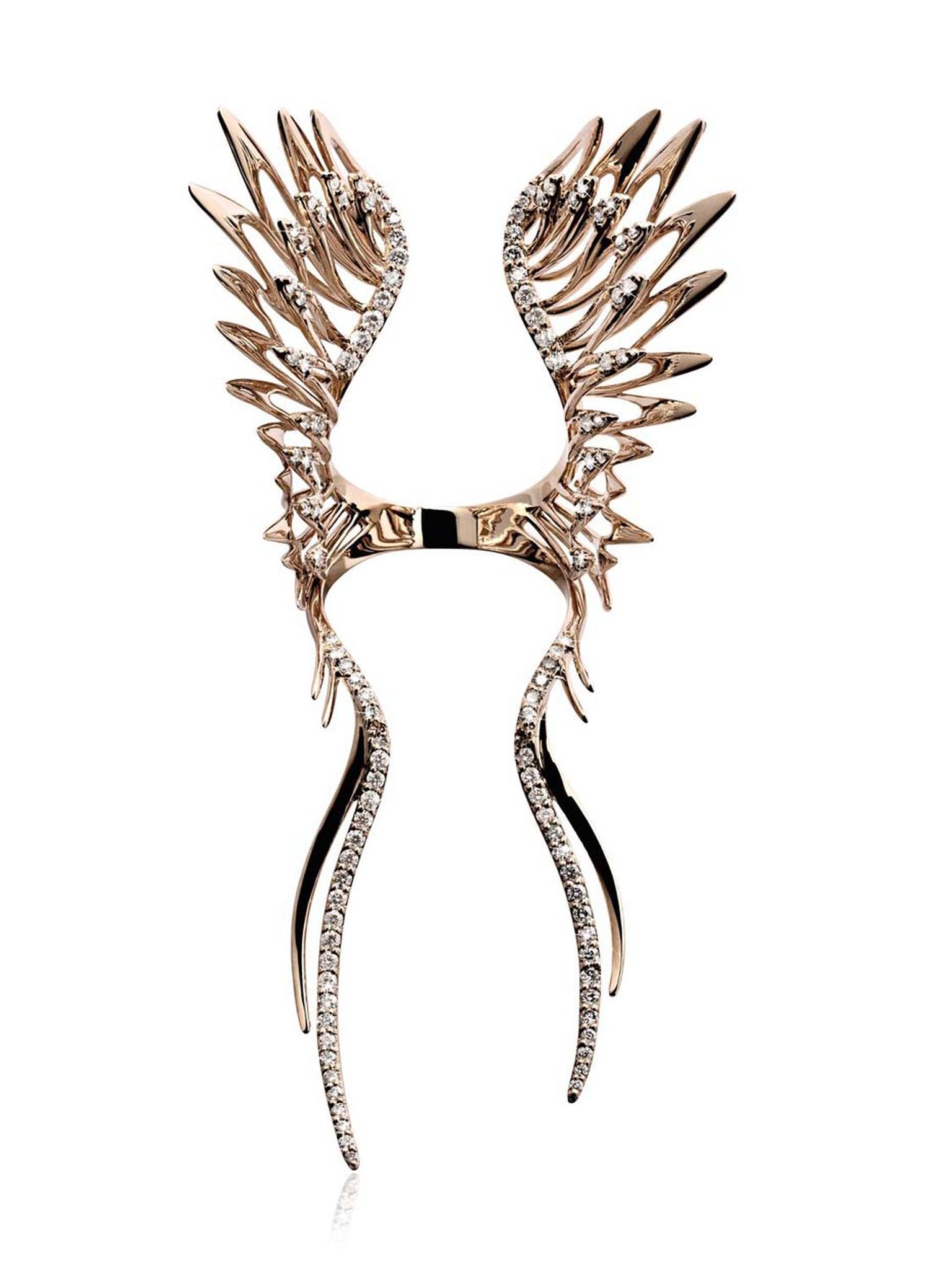 Cristina Ortiz rose gold Wing ring with brown diamonds. Available at luisaviaroma.com