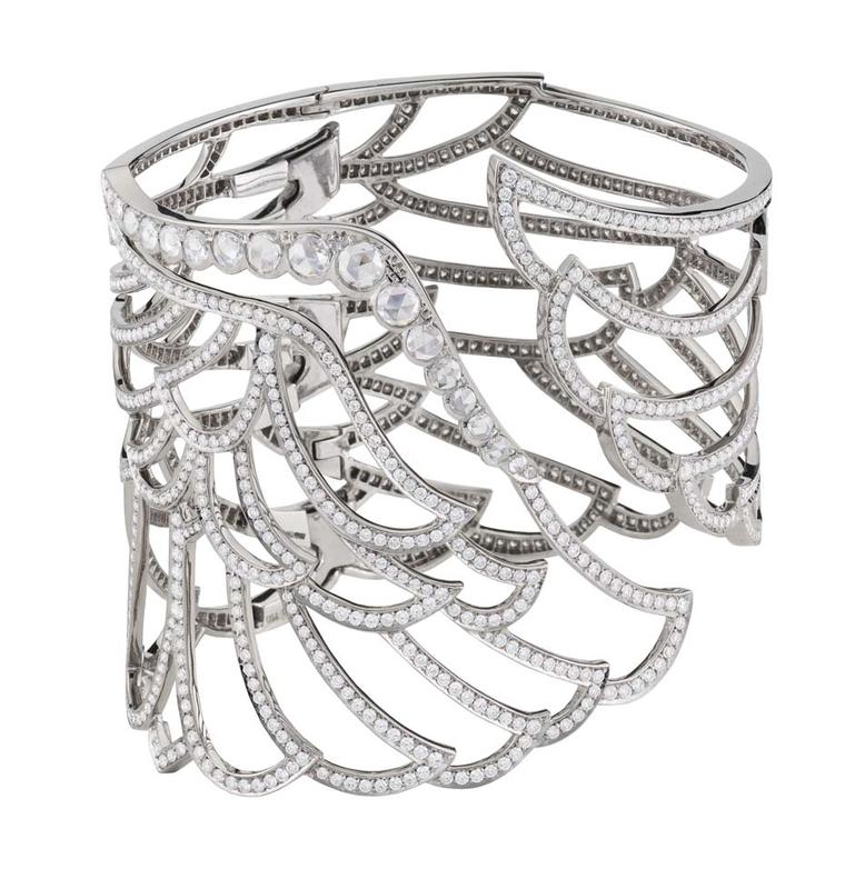 Garrard Wings 10th Anniversary collection white gold cuff with rose and brilliant-cut diamonds.