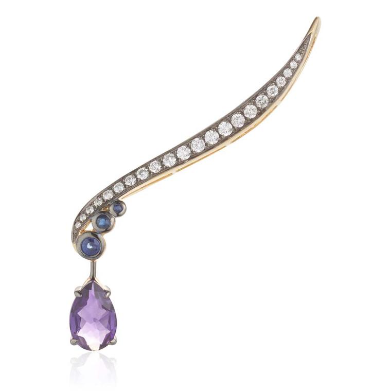 Nicholas Lieou Victory amethyst earring with sapphires and diamonds.