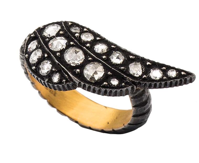 Yossi Harari diamond wing ring fin gold and oxidised silver with diamonds.