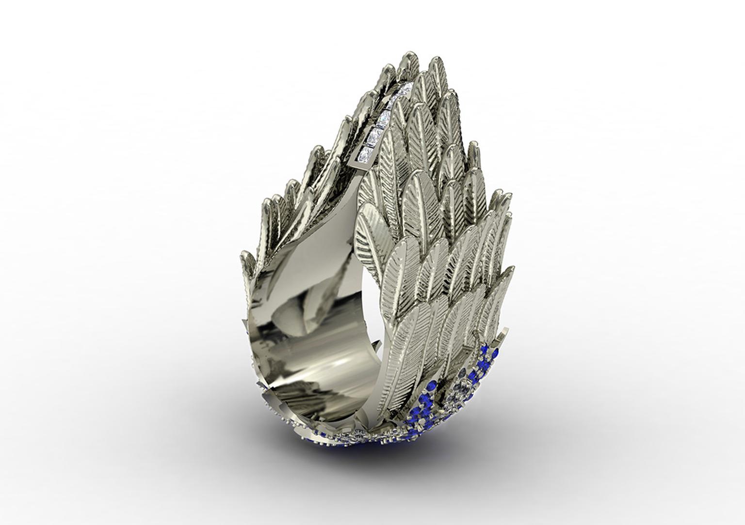 Jasmine Alexander Ascent Victorious white gold ring with sapphires and diamonds.