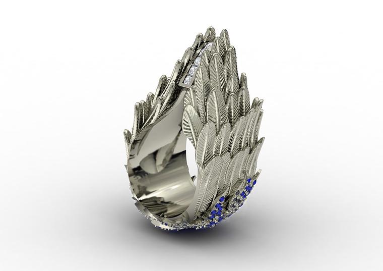 Jasmine Alexander Ascent Victorious white gold ring with sapphires and diamonds.
