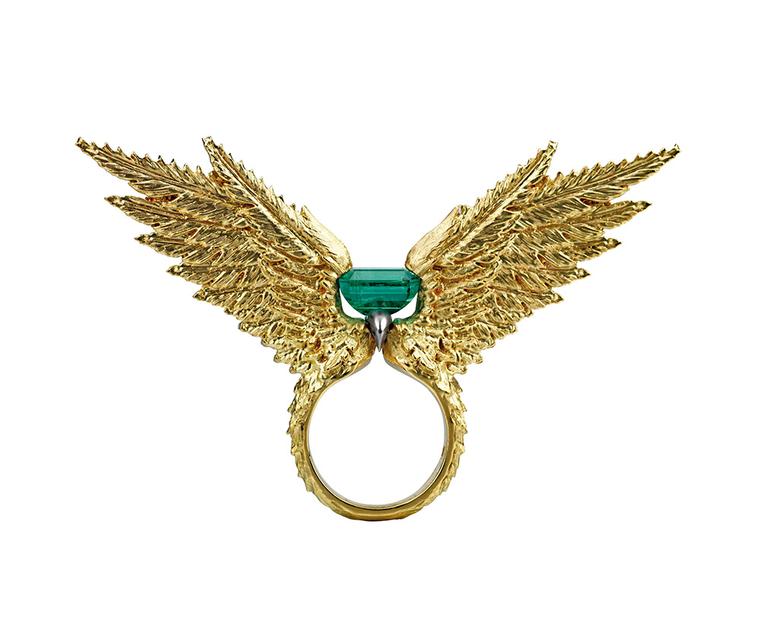 Jasmine Alexander platinum and yellow gold ring featuring a Gemfields' Zambian emerald.