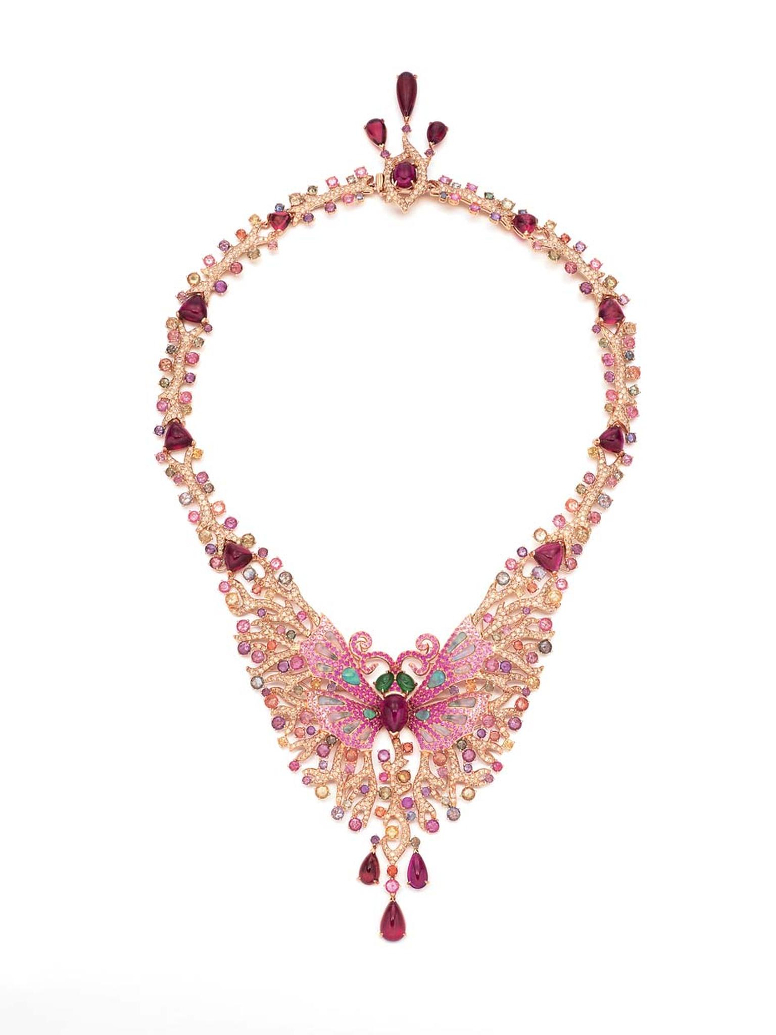 Wendy Yue Madame Butterfly necklace with brown diamonds, opals, rhodolite garnets, green garnets, pink sapphires, diamonds and purple sapphires.