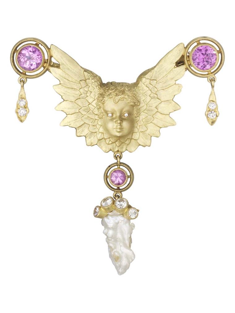Anthony Lent's diamond-eyed Putti brooch, adorned with flying diamonds, natural pearls and pink sapphires set in gold, is a signature piece.