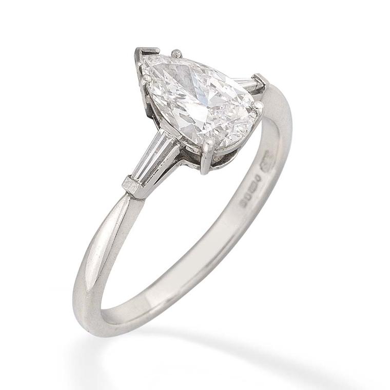 Bentley & Skinner's pear-cut diamond ring is complimented by the detail of tapered baguette-cut shoulders (£16,750.00).