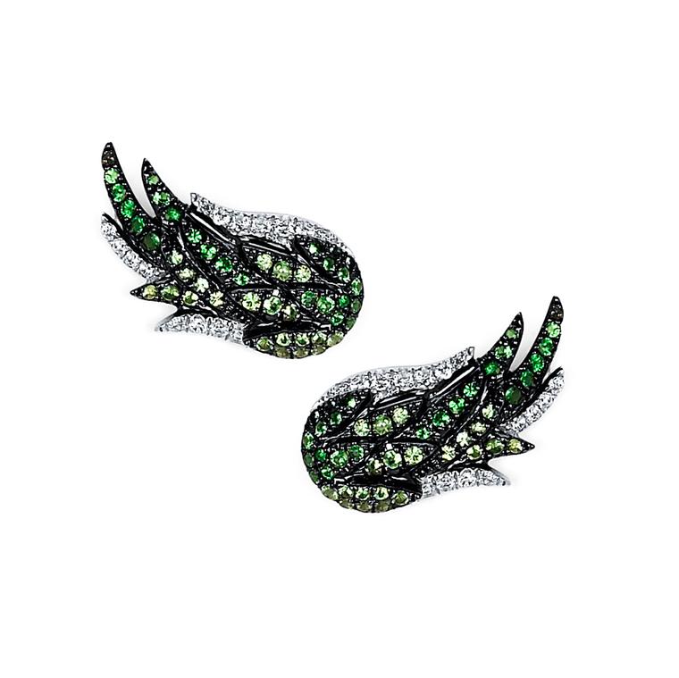 Colette black and white gold Green Corum ear studs featuring tsavorites and white diamonds.