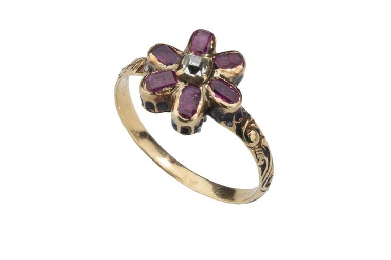 Les Enluminures ruby and enamelled gold ring.