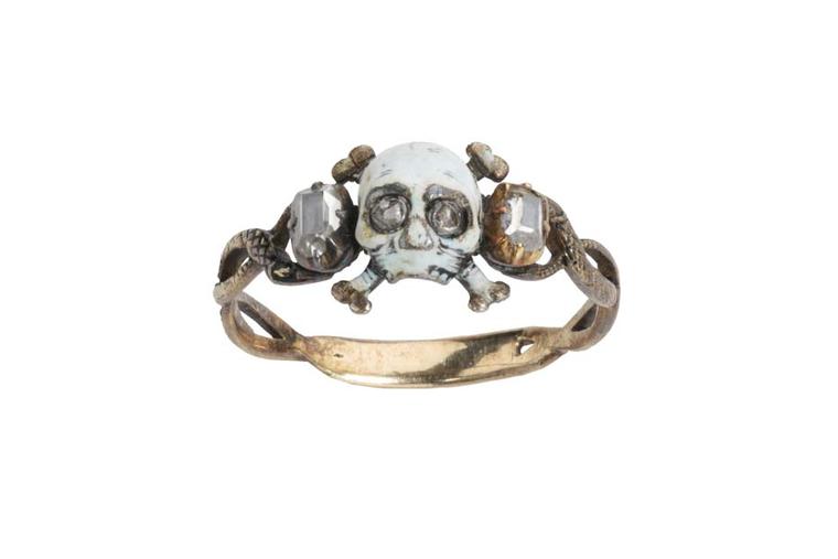 Les Enluminures Memento Mori ring with enamel sand diamonds.