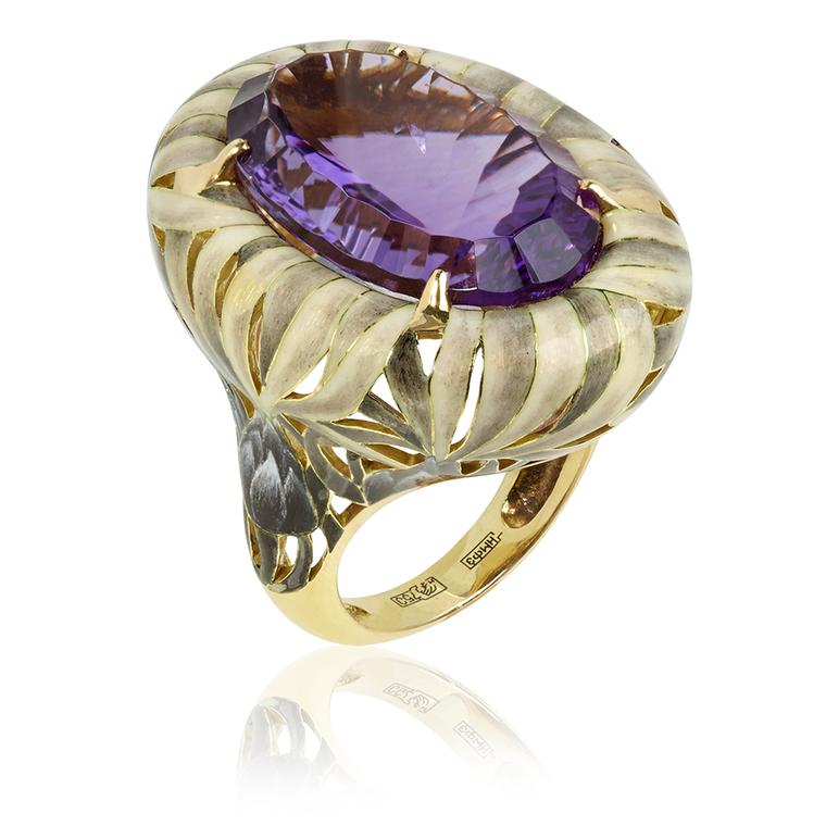 Ilgiz for Annoushka Burdock ring in yellow gold featuring a 19.25ct amethyst nestled amongst enamel thistle branches (£15,400).