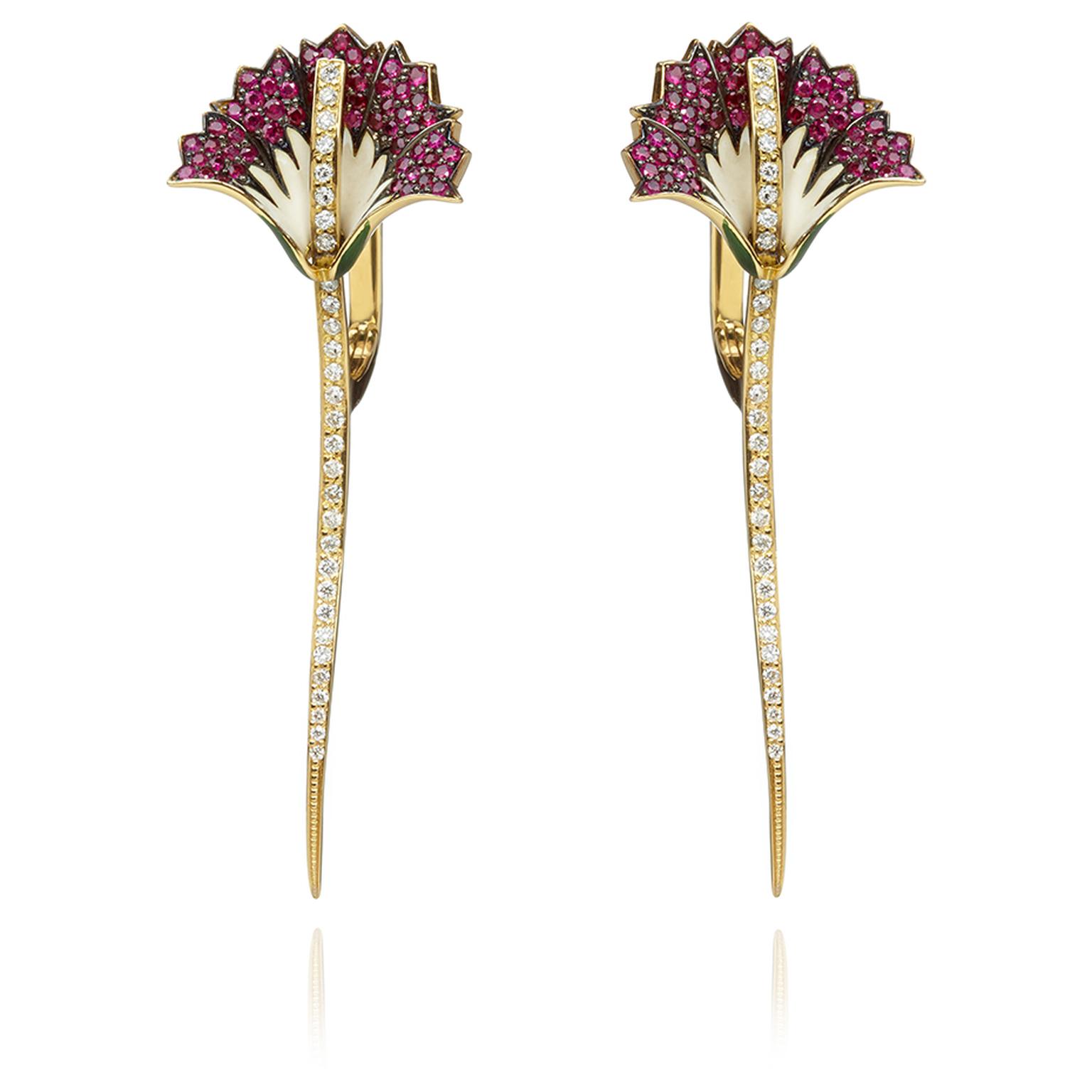 Ilgiz for Annoushka Carnation earrings in yellow gold with rubies set amongst a white diamond stem (£8,100).