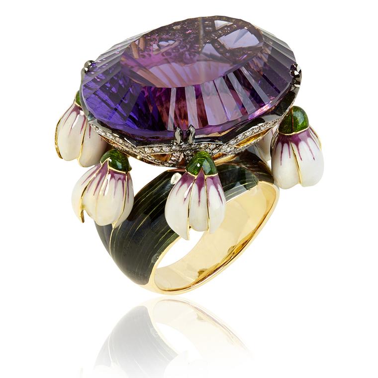 llgiz for Annoushka Crocus ring in yellow gold featuring a 47.93ct amethyst surrounded by diamonds and dangling enamel petals (£42,000).