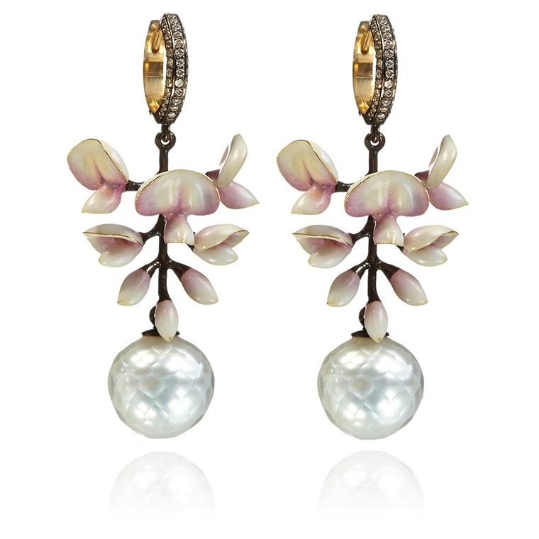 Ilgiz for Annoushka Wisteria chandelier earrings in yellow gold with diamonds and cultured and Tahitian pearls (£23,400).