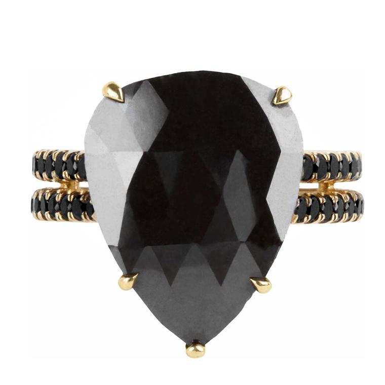 Joanne Fiske's jewellery line Thirteen31 only features black diamonds, such as this 7ct. pear-shaped black diamond ring with a gold double-band set with pavé black diamonds.