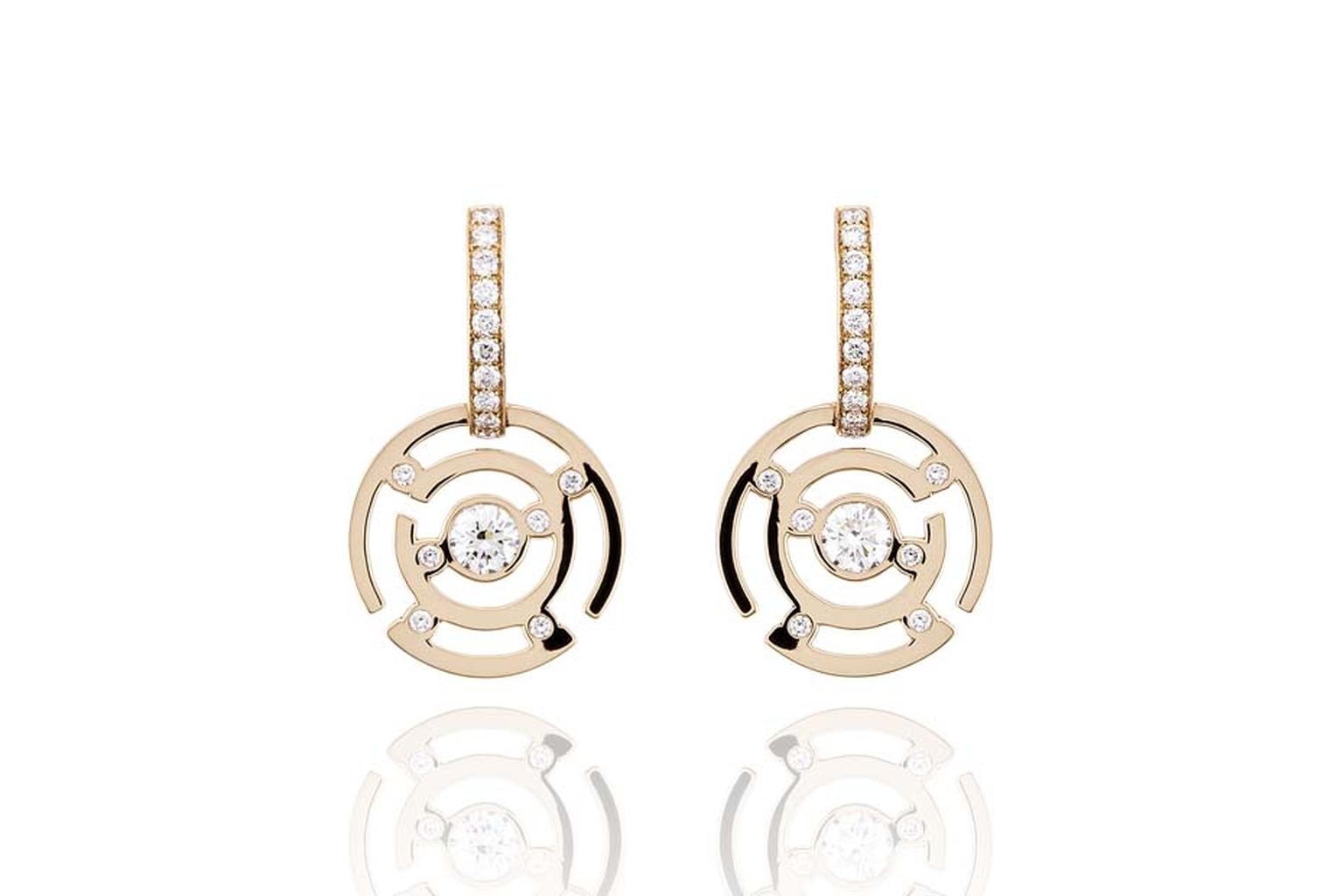 Boodles Maze collection diamond drop earrings in rose gold.