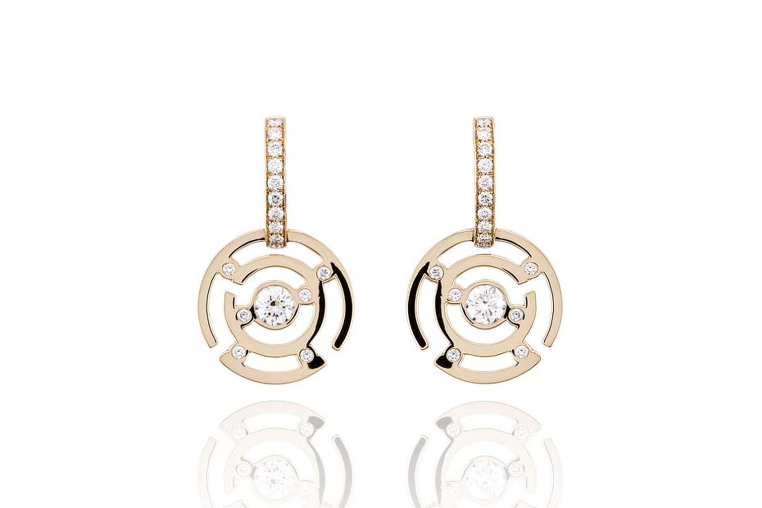 Boodles Maze collection diamond drop earrings in rose gold.