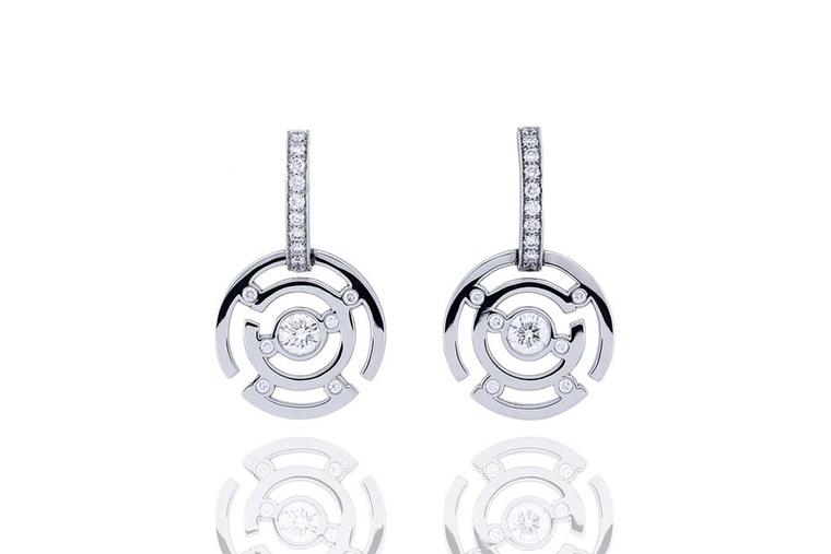 Boodles Maze collection diamond drop earrings in white gold.