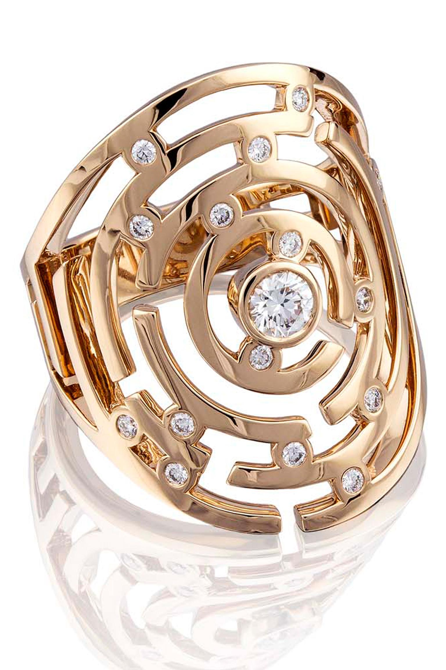 Boodles Maze collection large diamond ring in rose gold.