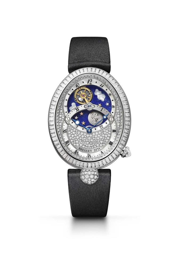 Breguet's Reine de Naples Jour/Nuit diamond watch features two overlapping dials covered in an array of diamonds.