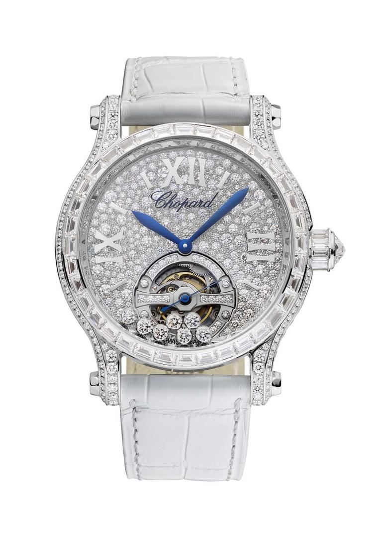 Chopard's Happy Sport Tourbillon Joaillerie watch is a glamorous take on the Happy Sport. Housing an in-house L.U.C manual-winding movement with the Poinçon de Genève quality hallmark, the tourbillon spins gracefully with its very own set of diamonds.