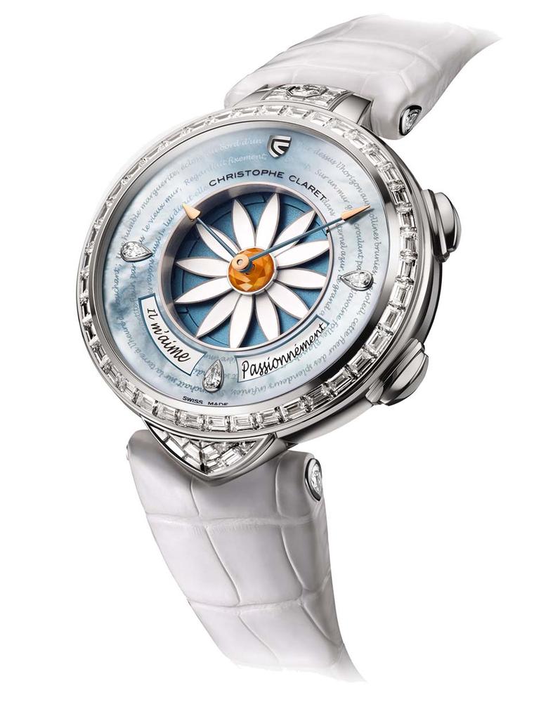 Christophe Claret's Margot watch allows the wearer to gauge the feelings of her beau by playing a game of romantic roulette. By activating a pusher, a petal - sometimes two - disappears under the dial and the answer to your love query appears in a window 