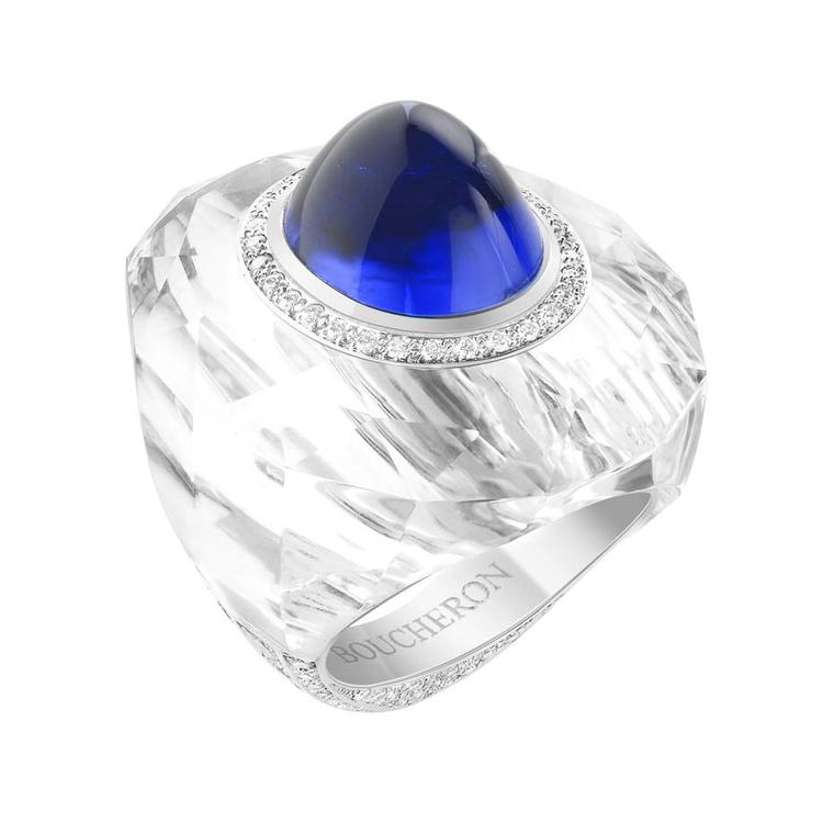 Boucheron's Trésor de Perse ring, created for the Biennale des Antiquaires 2014, features a historic 16ct cabochon sapphire set into carved rock crystal with chalcedonies and diamonds.