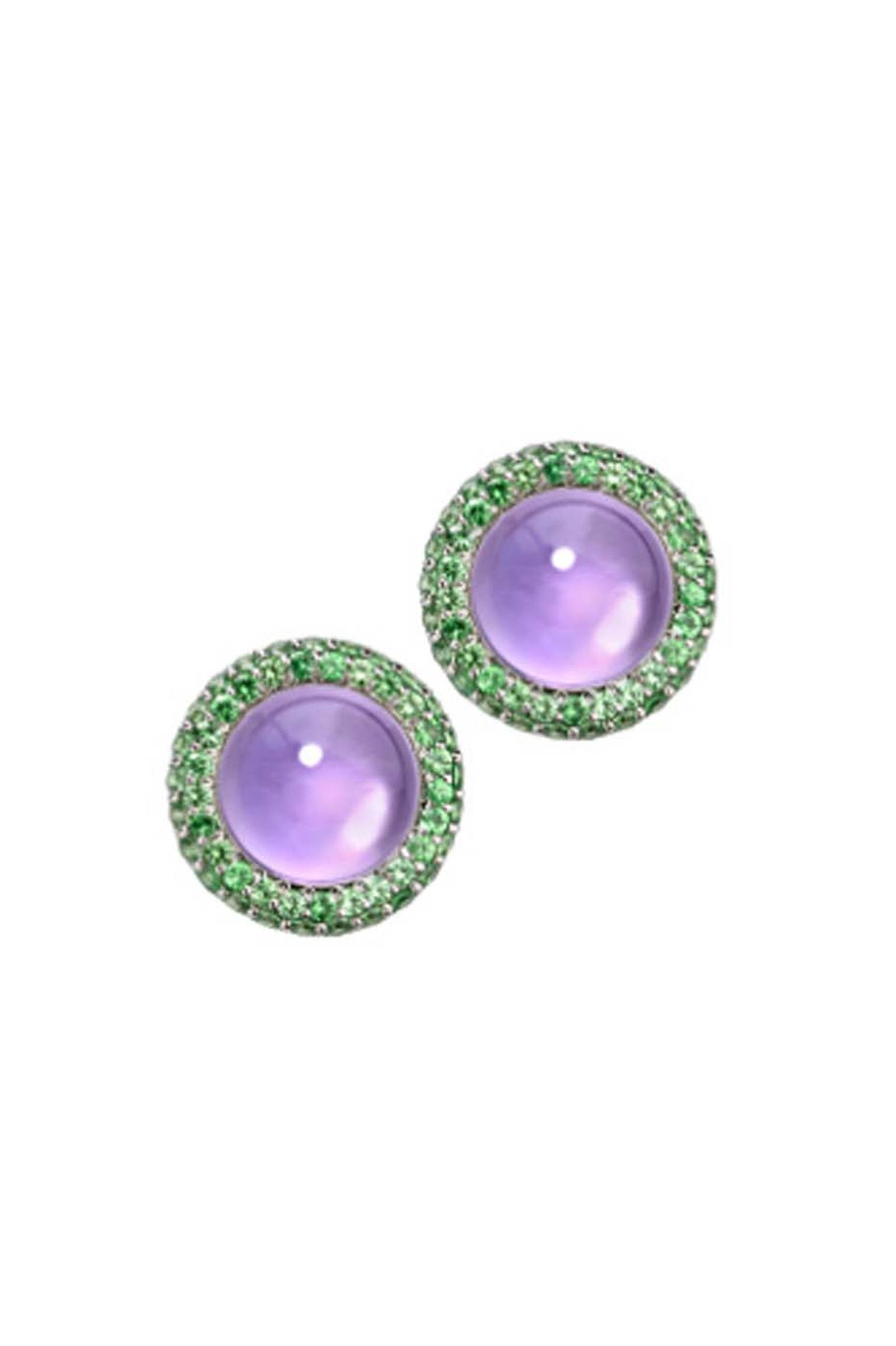 Elena Carrera Fusion collection earrings in rose gold with central amethyst gemstones and interchangeable green tsavorite jackets.