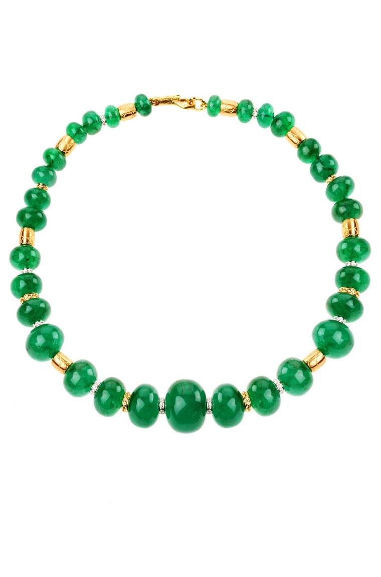 Elena C one-of-a-kind emerald necklace with gold coconut textured barrels and diamonds (56,950€).