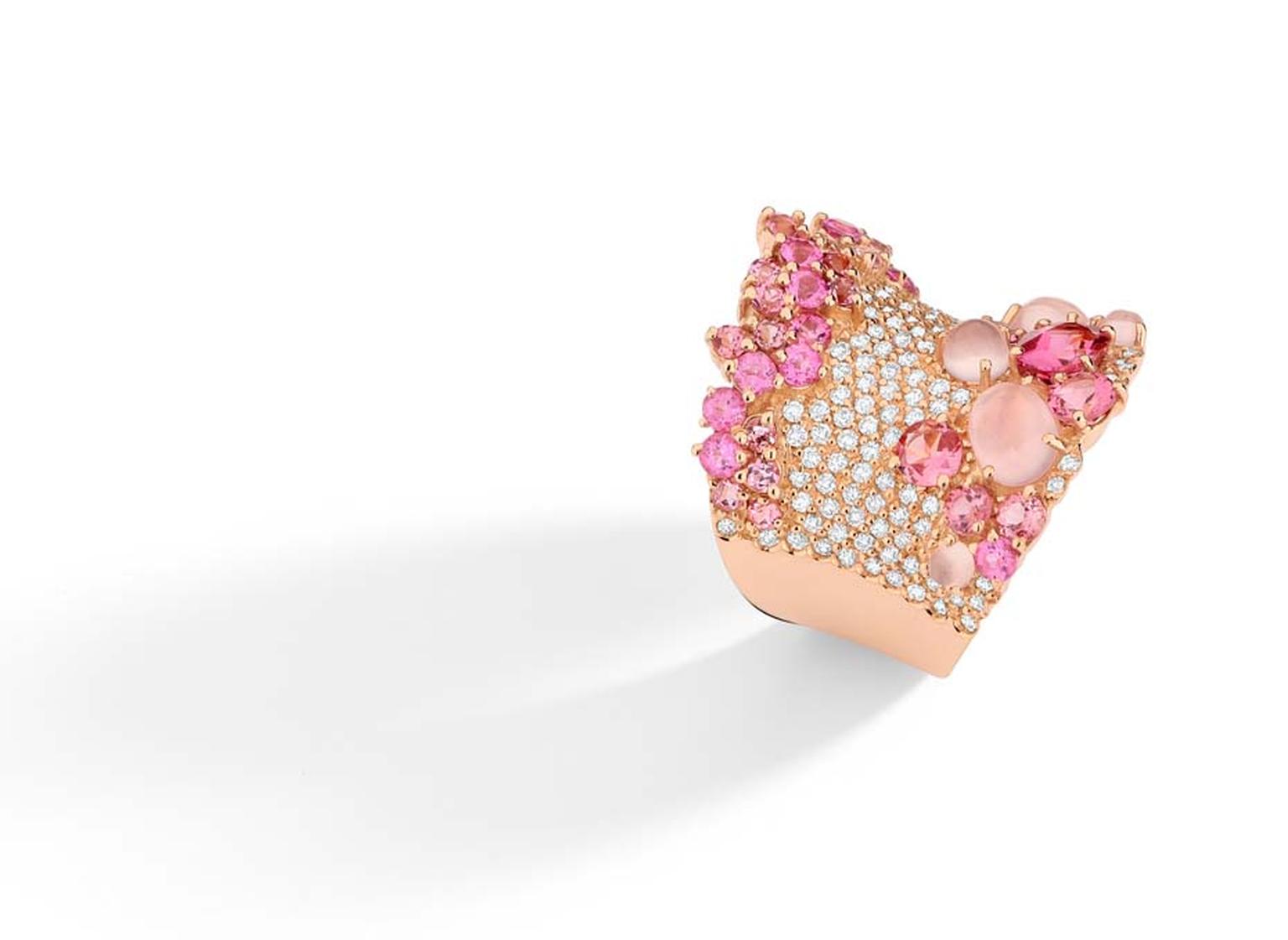 Brumani's Baobab collection rose quartz and pink tourmaline ring, as worn by Modern Family's Sarah Hyland to the 2014 Emmy Awards.