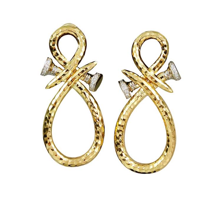 David Webb Tool Chest Collection Curved Nail earrings with brilliant-cut diamonds in hammered gold and platinum ($23,800).