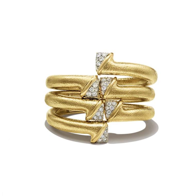 David Webb Tool Chest Collection Diamond Crossover Nail bangles with brilliant-cut diamonds in hammered gold and platinum ($23,500).