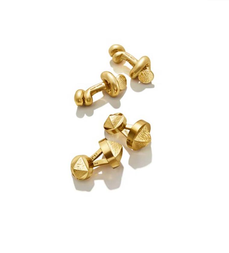 David Webb Tool Chest Collection Knotted Nail cufflinks in hammered gold ($5,200) and Bastille cufflinks in hammered gold ($3,200).