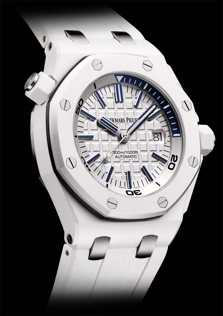 Audemars Piguet's all-white Offshore Diver watch, with a white ceramic case, white rubber strap and white 'waffle' dial.