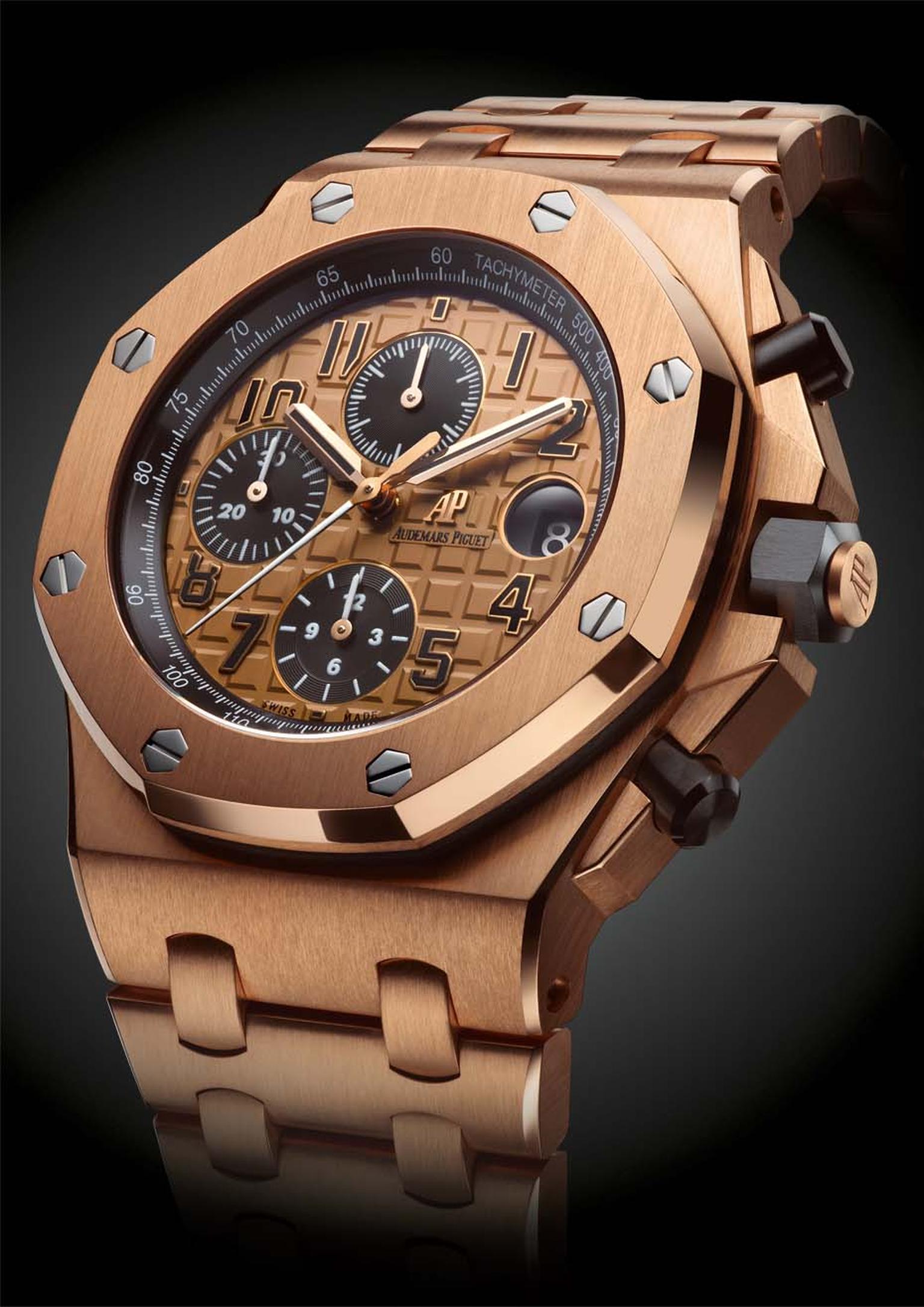 Audemars Piguet Royal Oak Offshore chronograph watch in pink gold with a 'Méga Tapisserie' pattern dial and pink gold bracelet (£50,400).