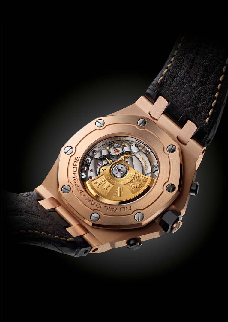 The reverse of the Audemars Piguet Royal Oak Offshore chronograph watch in pink gold with a black alligator strap (£29,700).