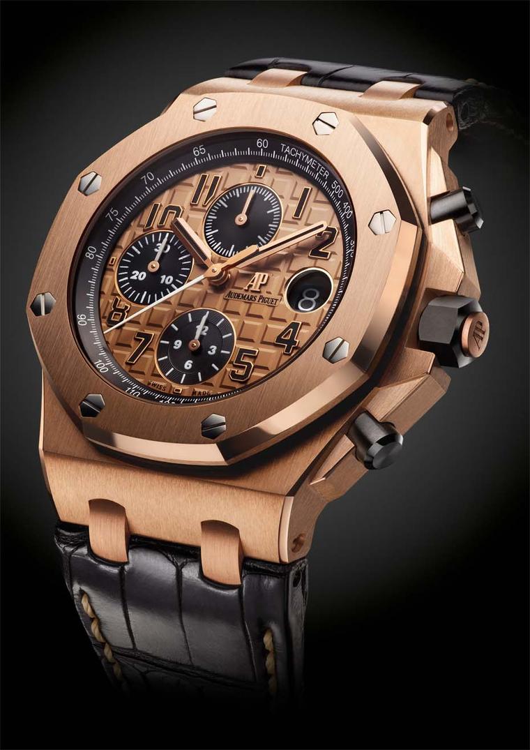 Audemars Piguet Royal Oak Offshore chronograph watch in pink gold with a 'Méga Tapisserie' pattern dial and black alligator strap (£29,700).