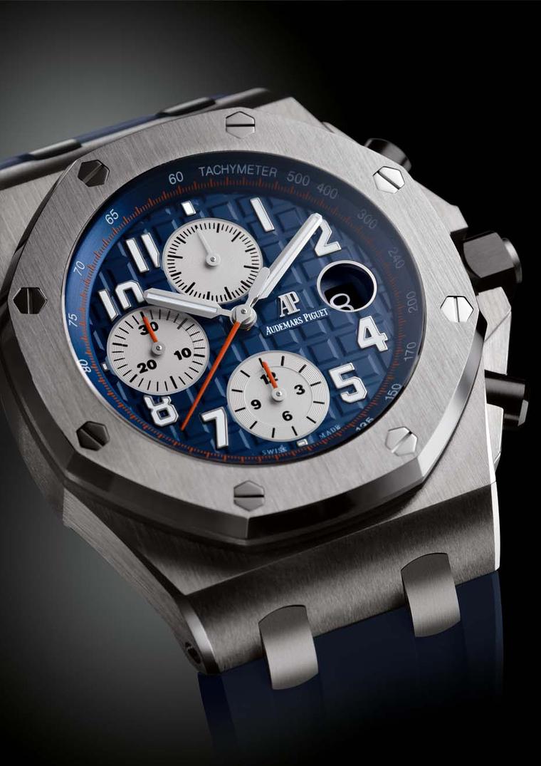 Audemars Piguet Royal Oak Offshore Chronograph watch featuring a steel case, blue dial with a 'Méga Tapisserie' pattern and blue rubber strap (£18,700).