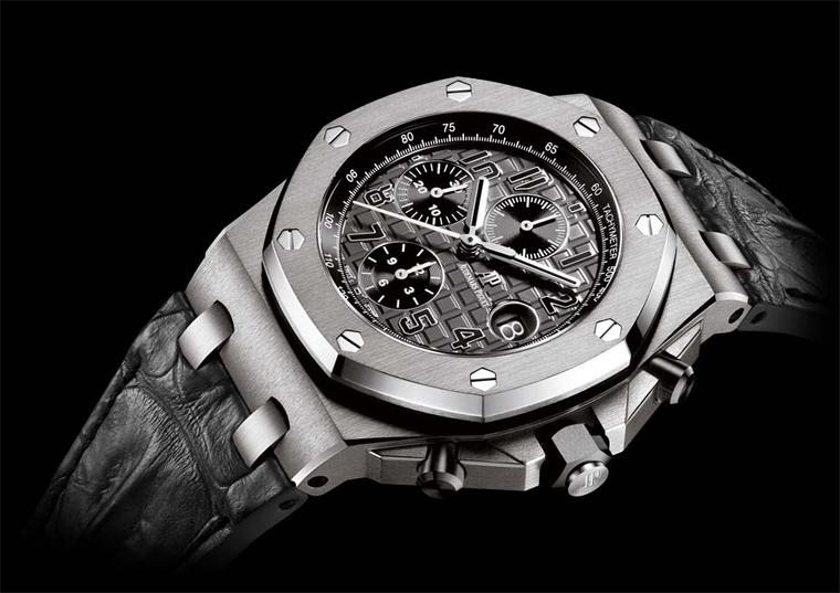 Audemars Piguet Royal Oak Offshore chronograph watch featuring a steel case, grey dial with a 'Méga Tapisserie' and grey alligator strap (£19,000).